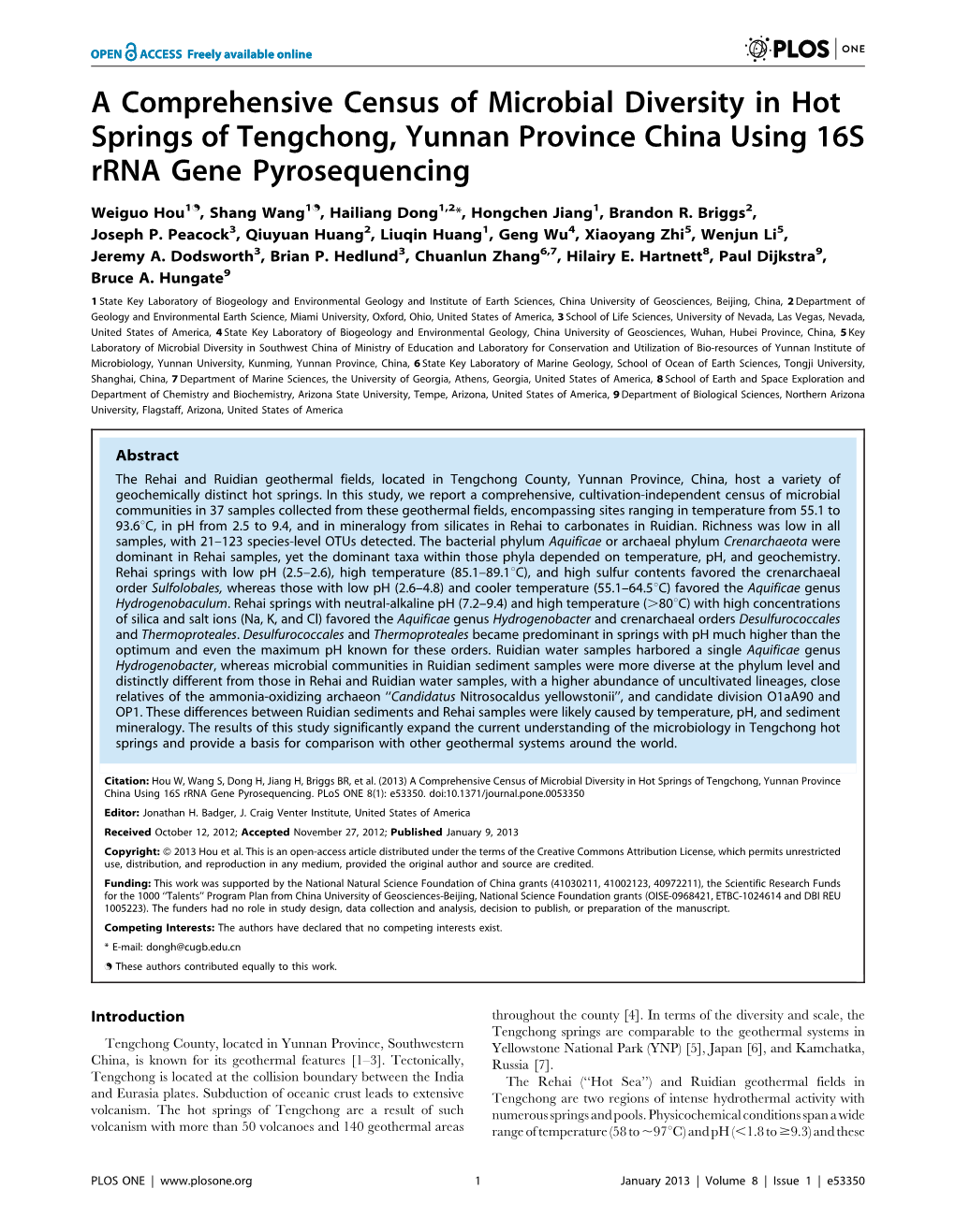 A Comprehensive Census of Microbial Diversity in Hot Springs of Tengchong, Yunnan Province China Using 16S Rrna Gene Pyrosequencing