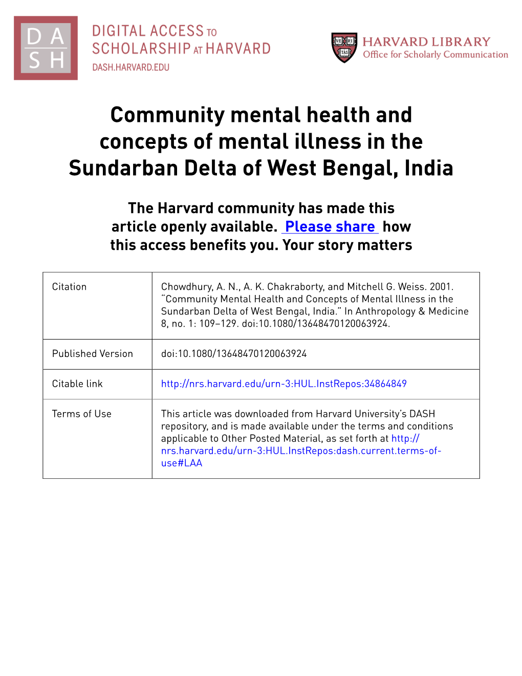 Community Mental Health and Concepts of Mental Illness in the Sundarban Delta of West Bengal, India