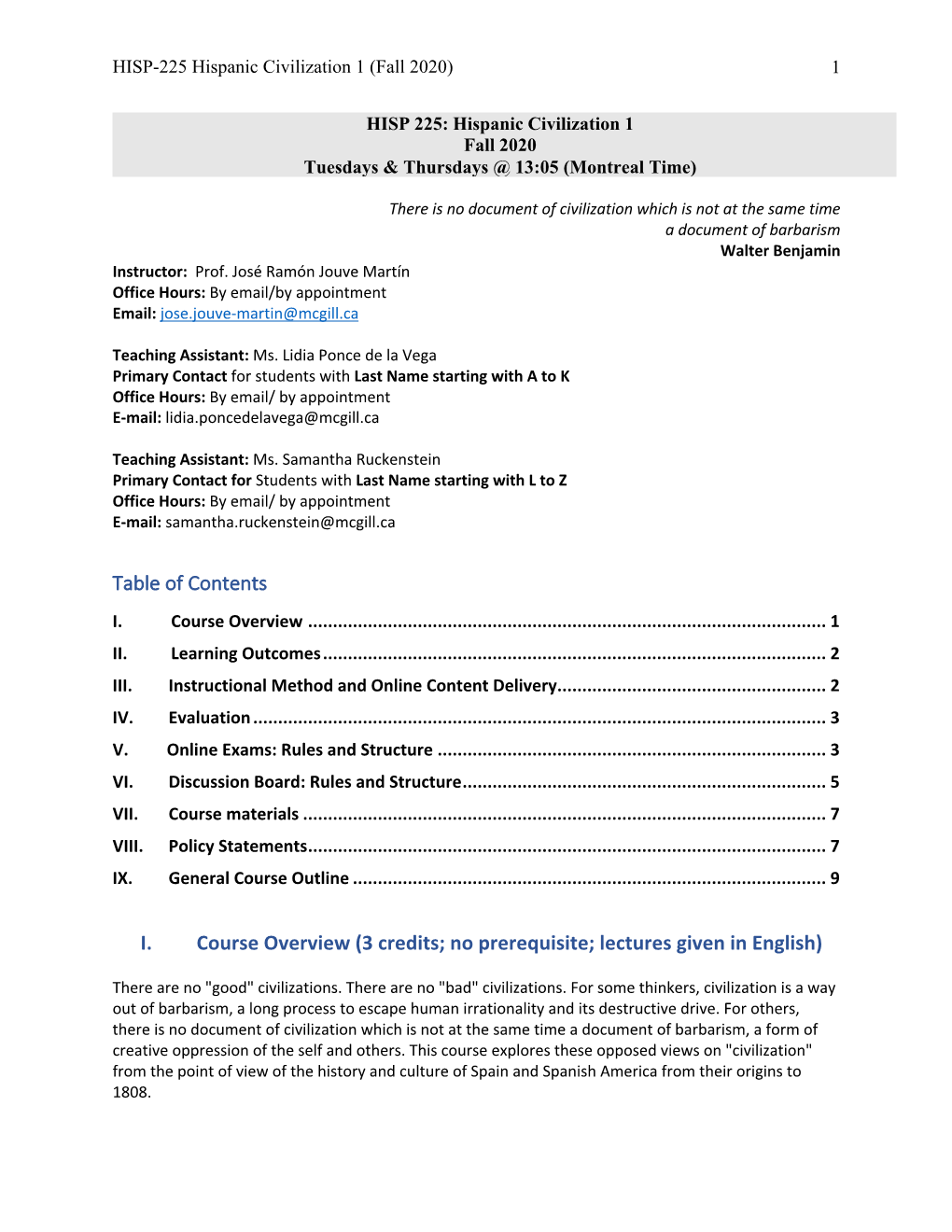 Table of Contents I. Course Overview (3 Credits; No Prerequisite; Lectures