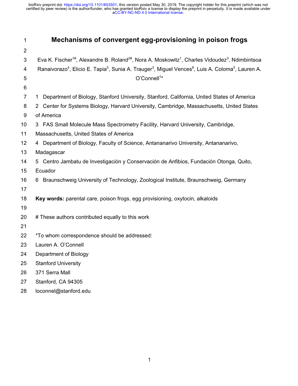 Mechanisms of Convergent Egg-Provisioning in Poison Frogs 2 3 Eva K