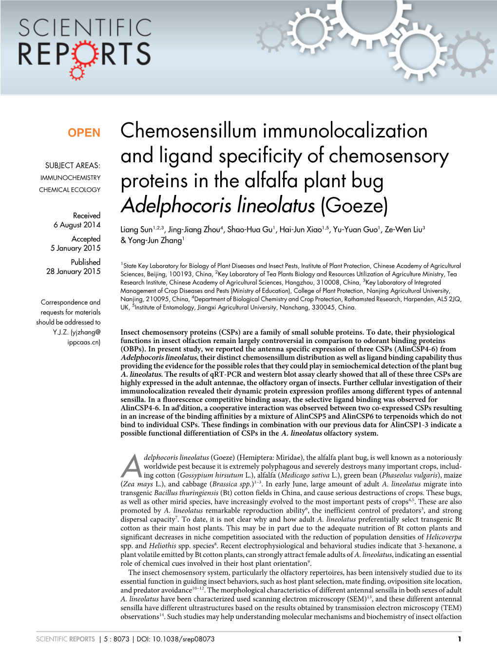 Chemosensillum Immunolocalization and Ligand Specificity of Chemosensory Proteins in the Alfalfa Plant Bug Adelphocoris Lineolat