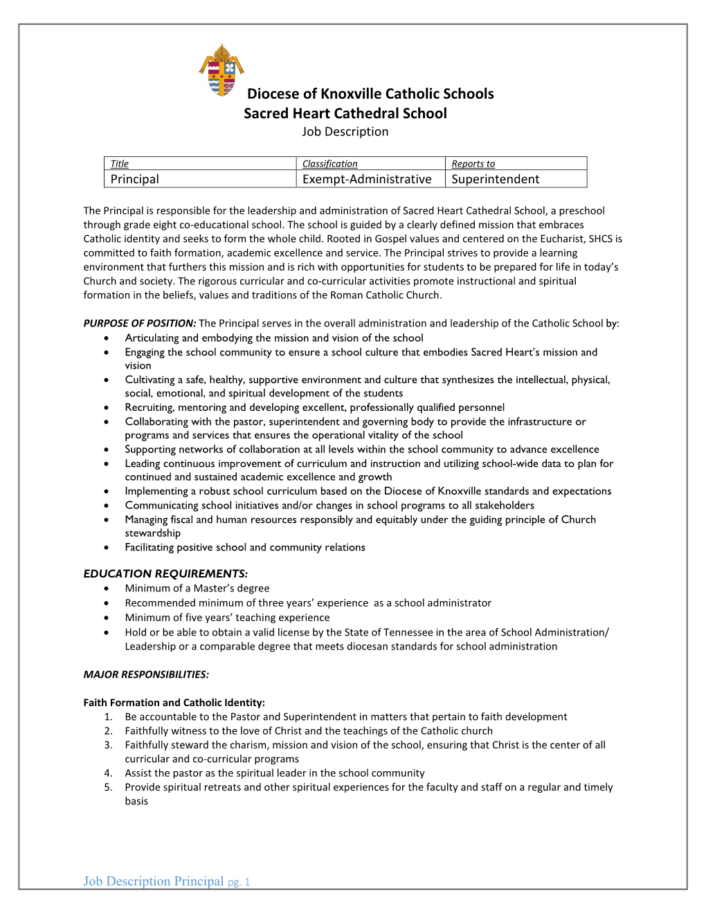 Sacred Heart Cathedral School Job Description