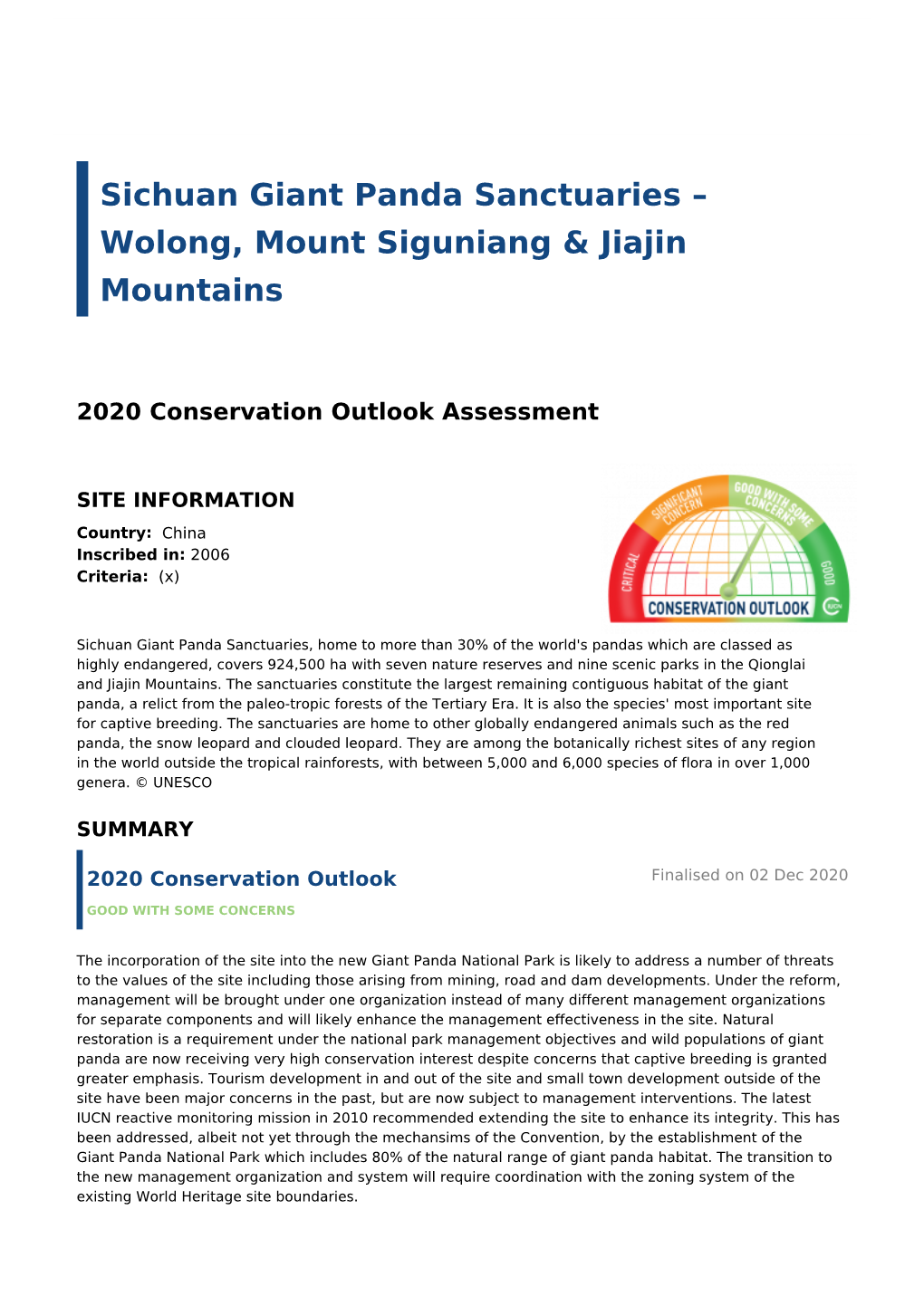 2020 Conservation Outlook Assessment