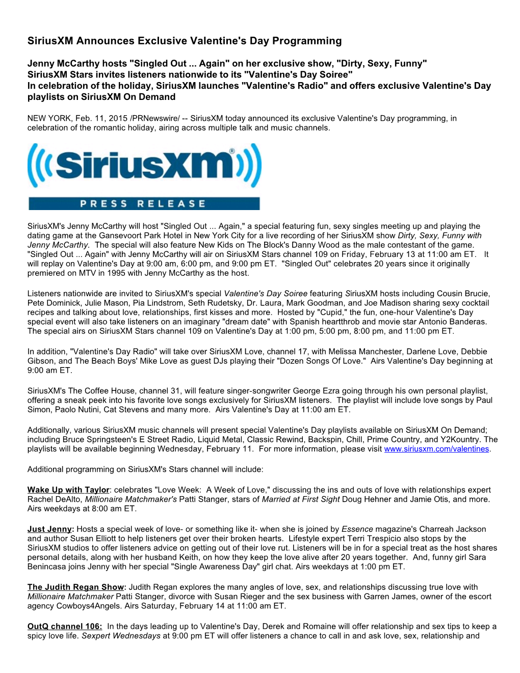 Siriusxm Announces Exclusive Valentine's Day Programming