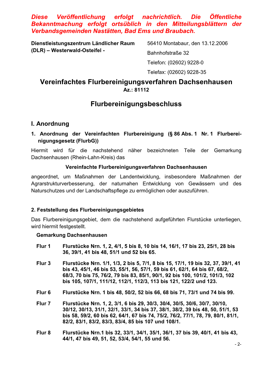 Vereinfachtes Flurbereinigungsverfahren Dachsenhausen Az.: 81112