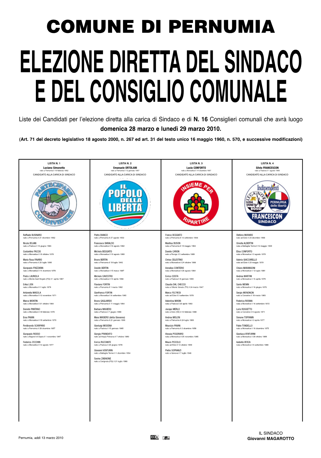 Liste Dei Candidati Per L'elezione Diretta Alla Carica Di Sindaco E Di N. 16 Consiglieri Comunali Che Avrà Luogo Domenica 28