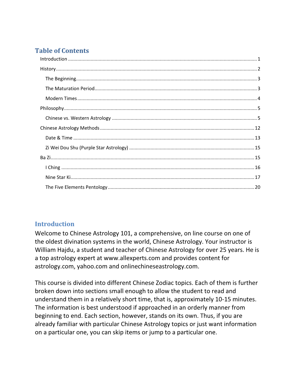 Table of Contents Introduction Welcome to Chinese Astrology 101