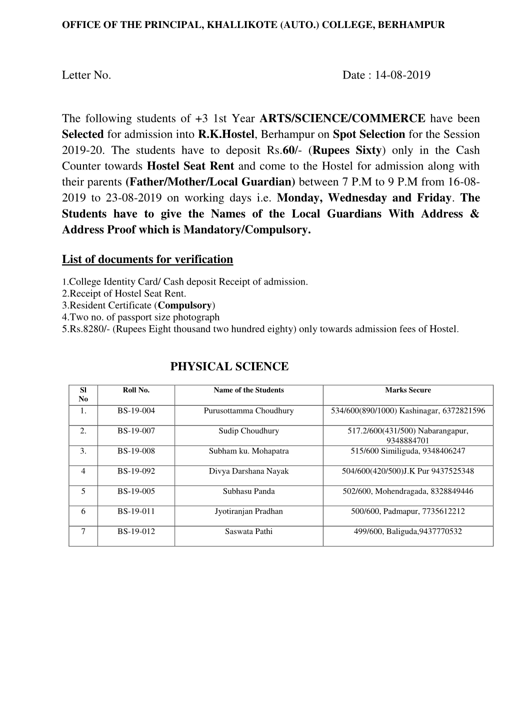 14-08-2019 the Following Students of +