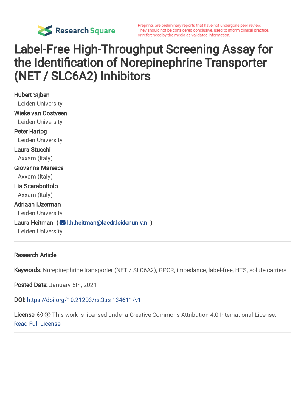 Label-Free High-Throughput Screening Assay for the Identification of Norepinephrine Transporter (NET / SLC6A2) Inhibitors Hubert