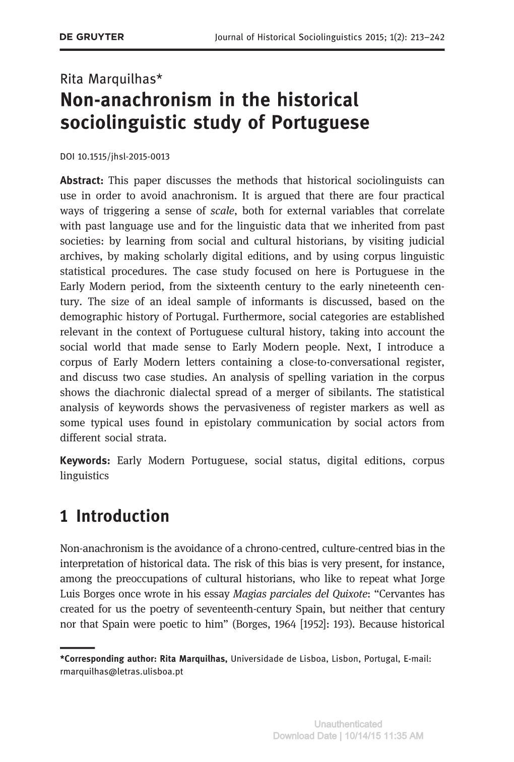 Non-Anachronism in the Historical Sociolinguistic Study of Portuguese