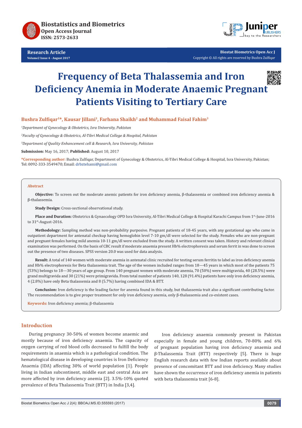 Frequency of Beta Thalassemia and Iron Deficiency Anemia in Moderate Anaemic Pregnant Patients Visiting to Tertiary Care
