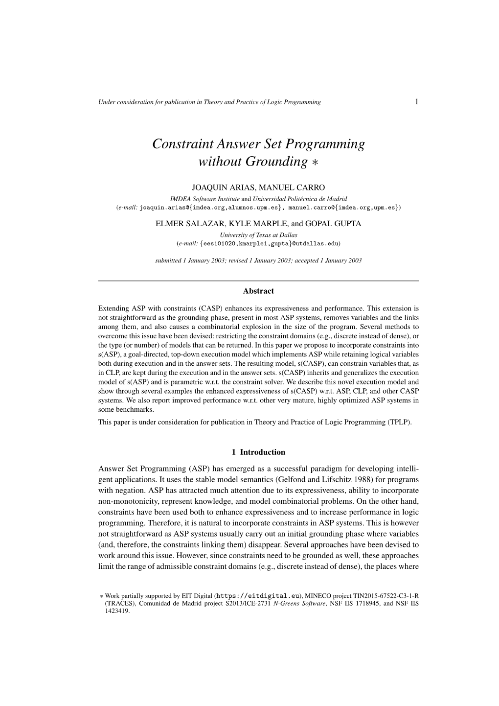 Constraint Answer Set Programming Without Grounding ∗