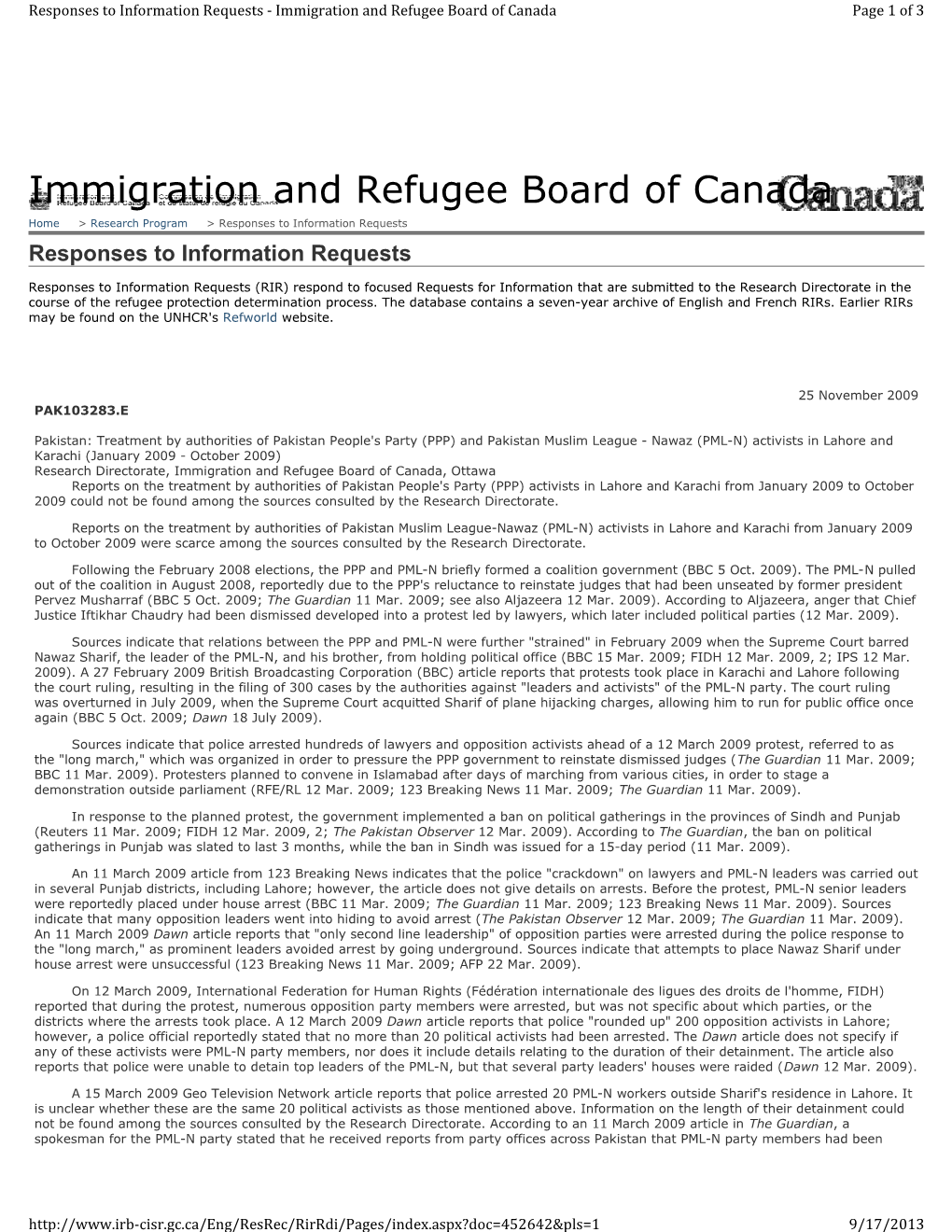 Immigration and Refugee Board of Canada Home > Research Program > Responses to Information Requests Responses to Information Requests