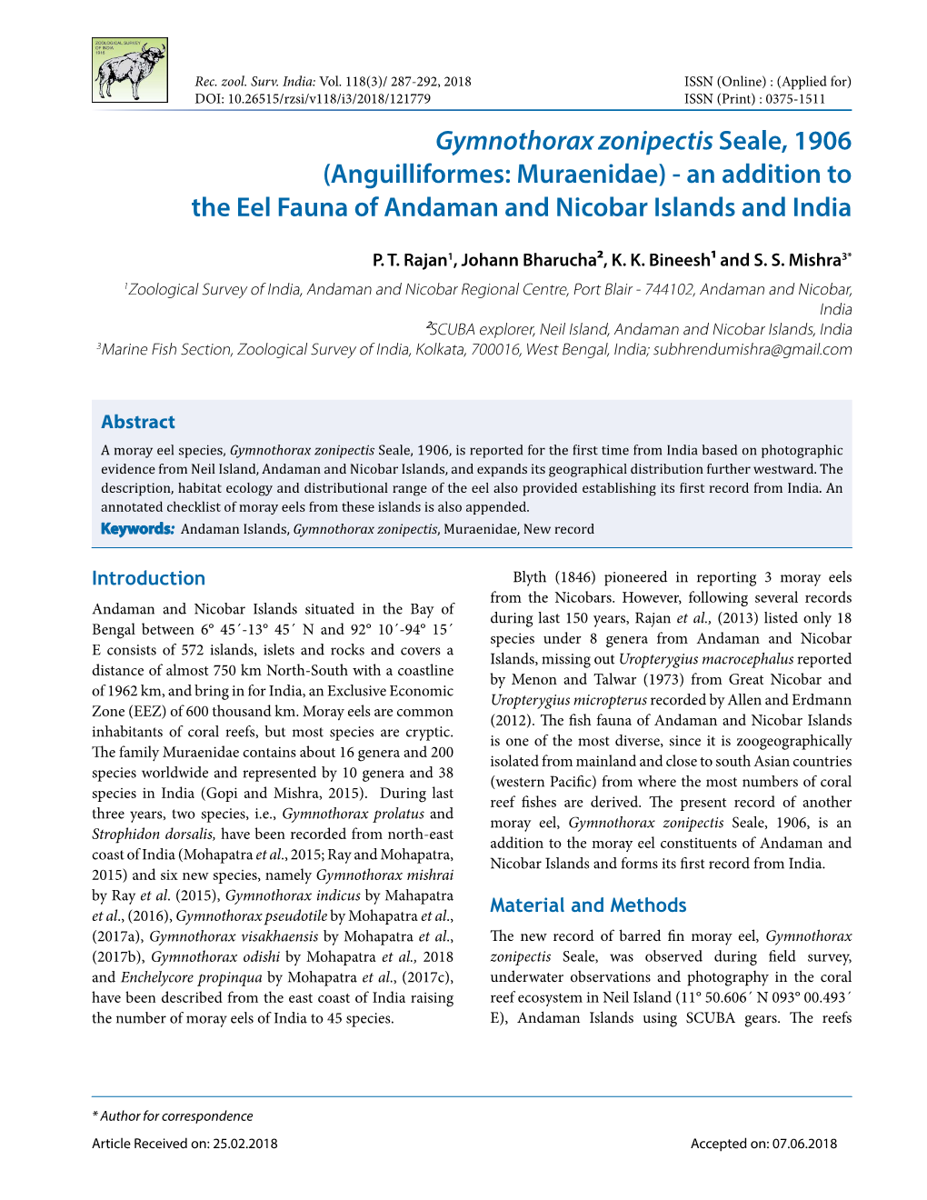 (Anguilliformes: Muraenidae) - an Addition to the Eel Fauna of Andaman and Nicobar Islands and India