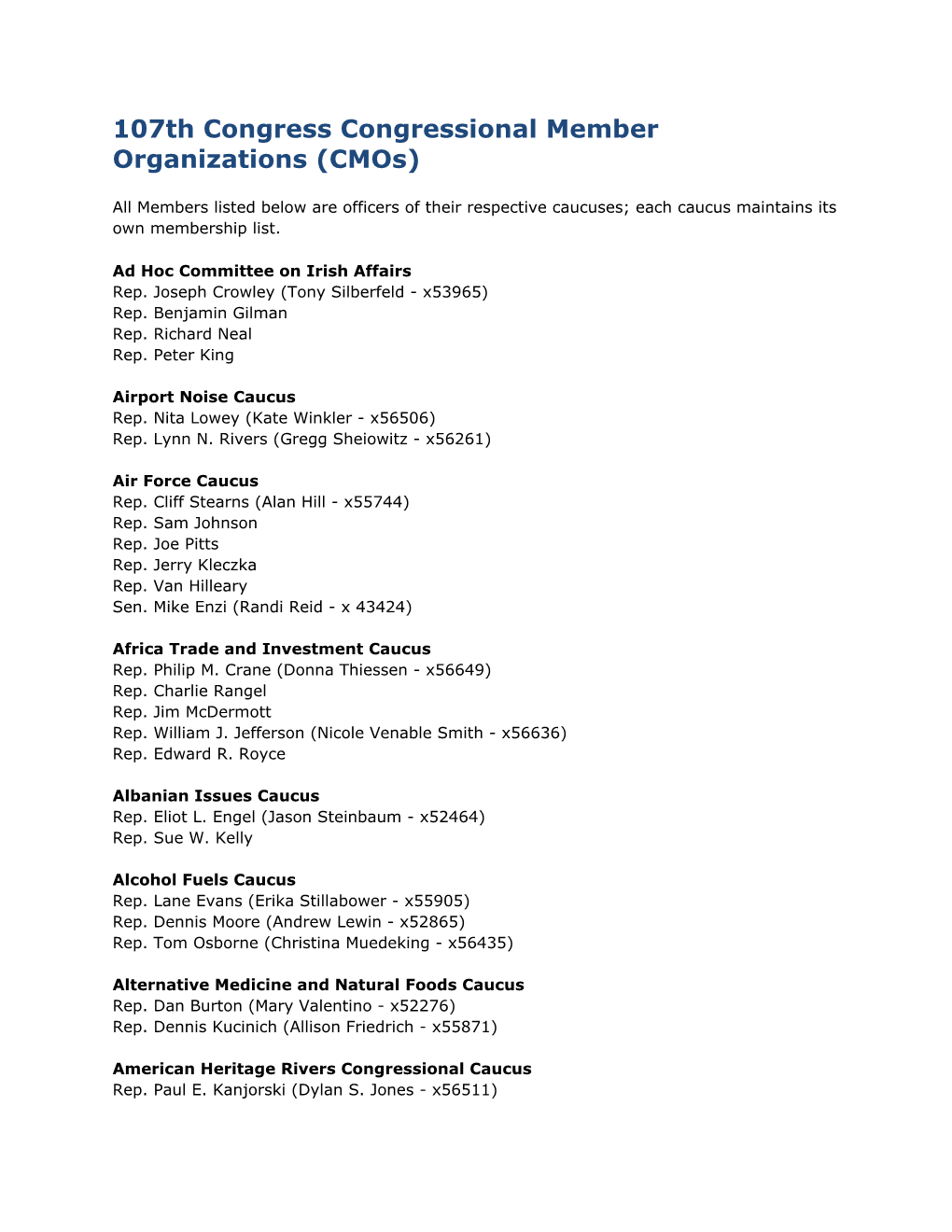 107Th Congress CMO List