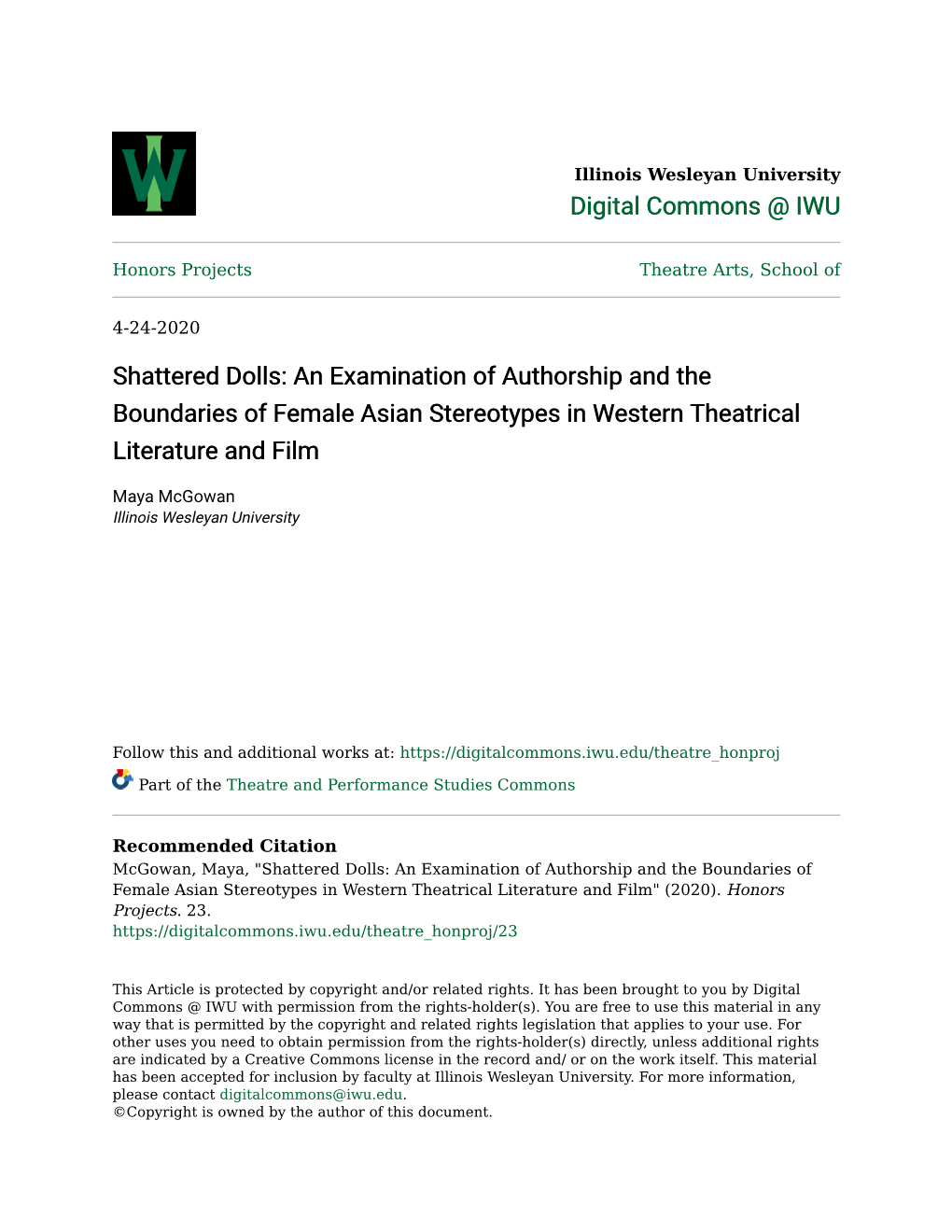 Shattered Dolls: an Examination of Authorship and the Boundaries of Female Asian Stereotypes in Western Theatrical Literature and Film