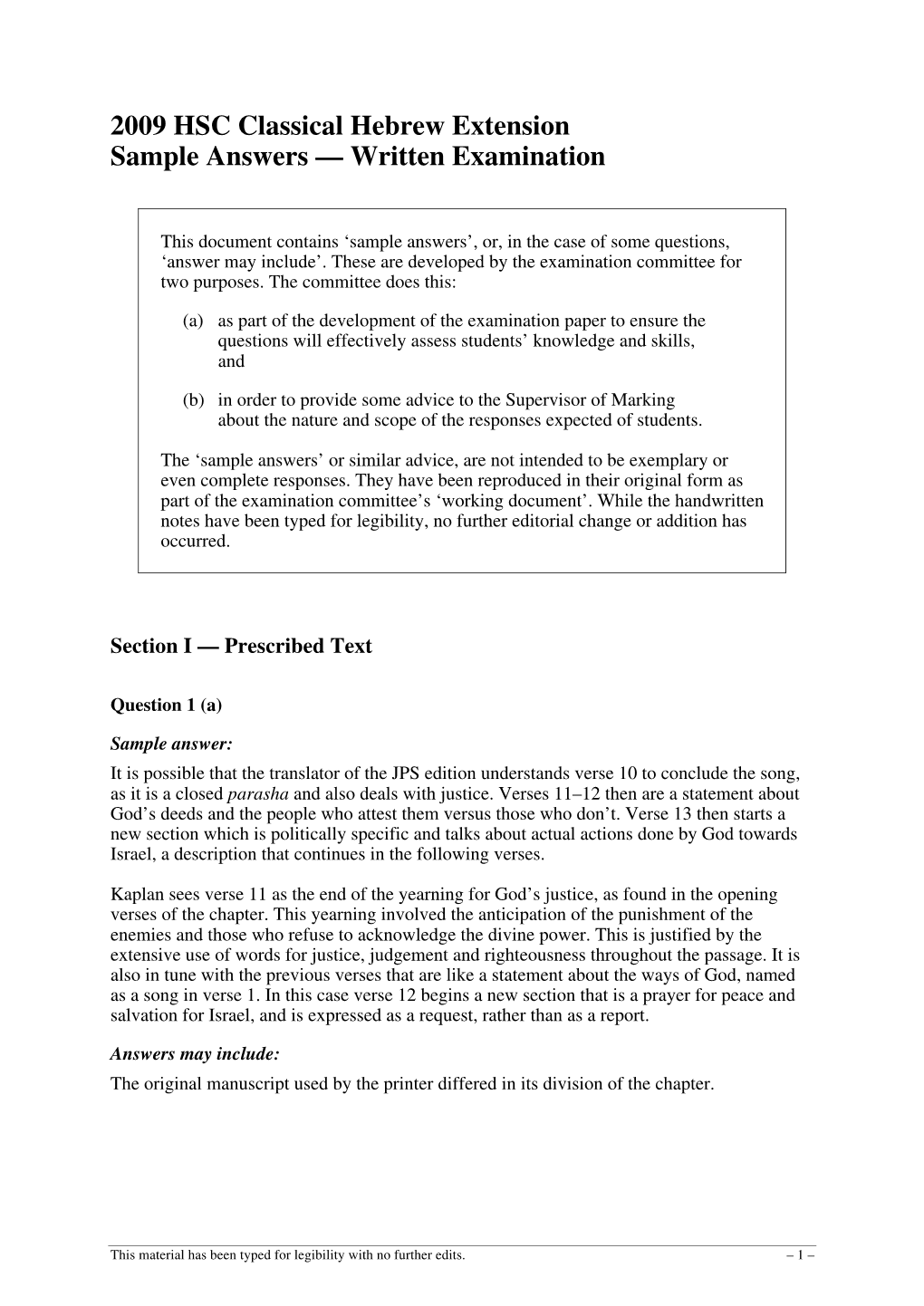 2009 HSC Classical Hebrew Extension Sample Answers — Written Examination