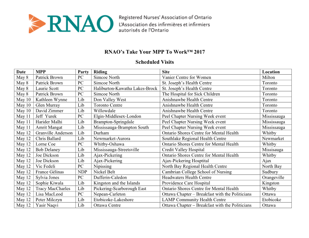 RNAO's Take Your MPP to Work™ 2017 Scheduled Visits