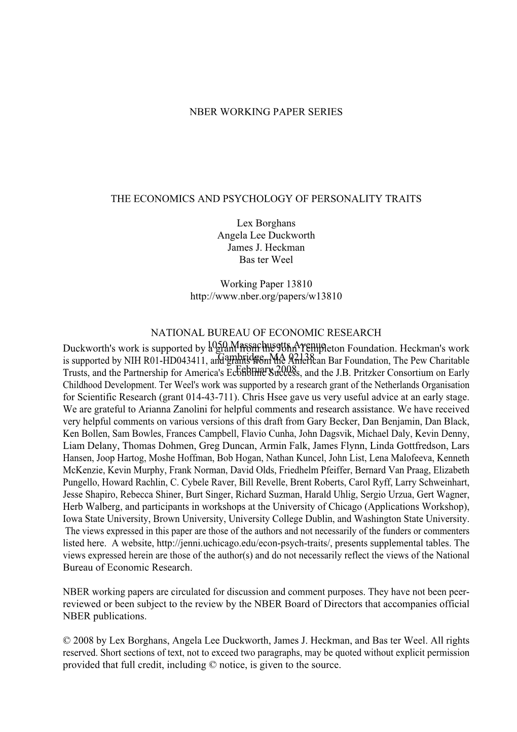 NBER WORKING PAPER SERIES the ECONOMICS and PSYCHOLOGY of PERSONALITY TRAITS Lex Borghans Angela Lee Duckworth James J. Heckman