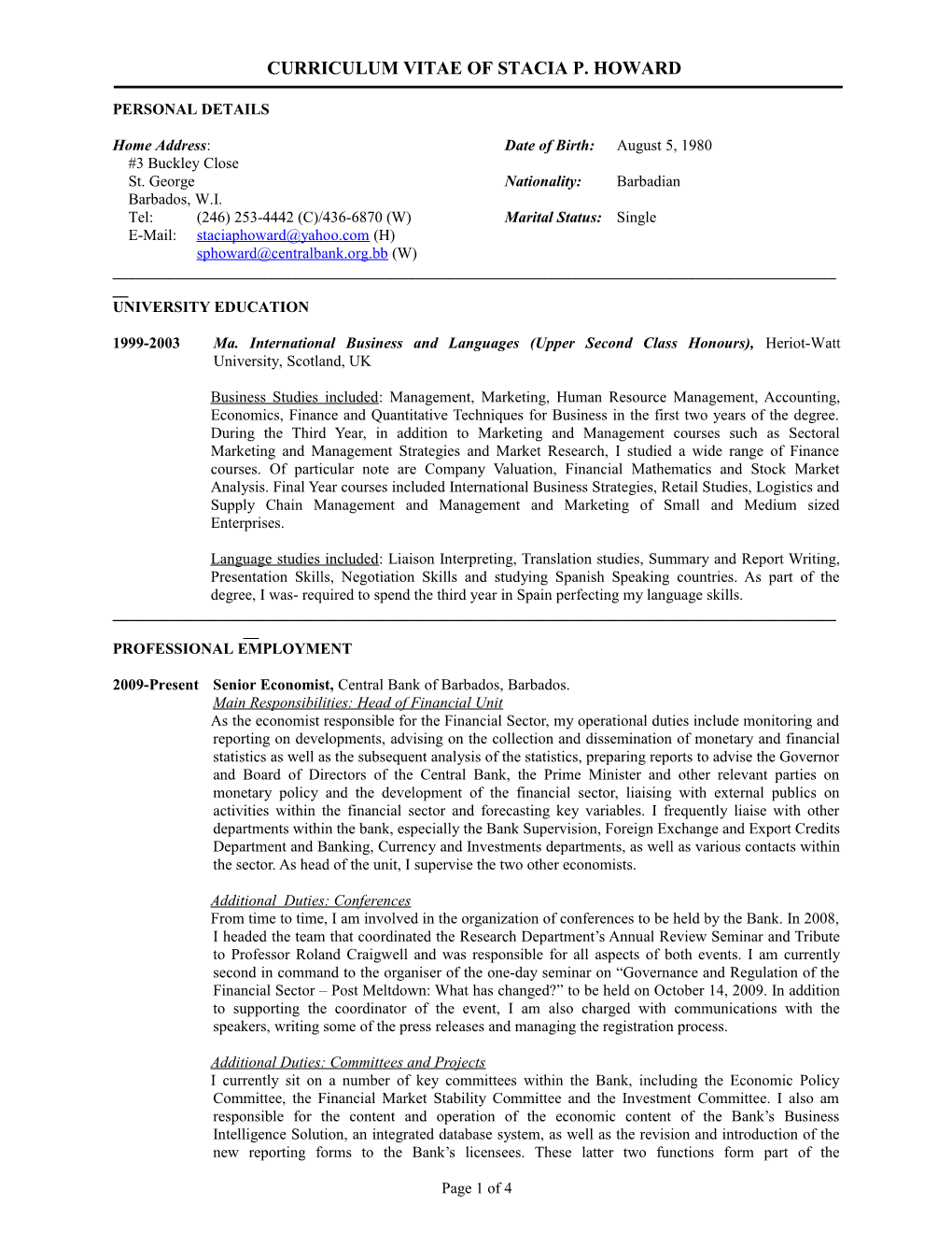 Curriculum Vitae For Roland Clairmonte Craigwell