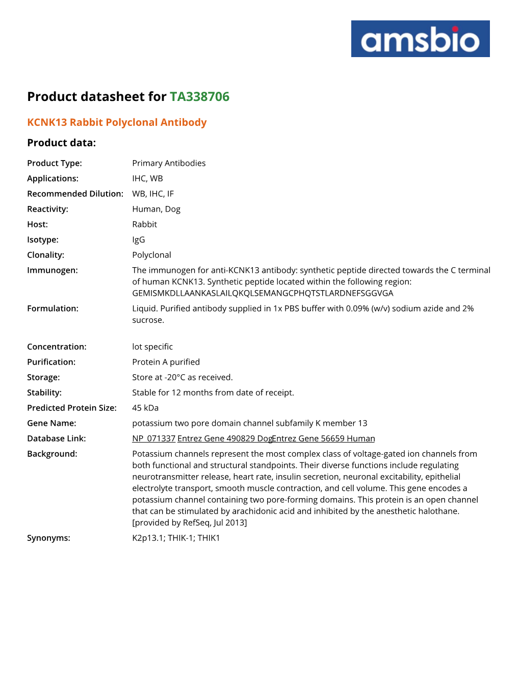 Product Datasheet for TA338706