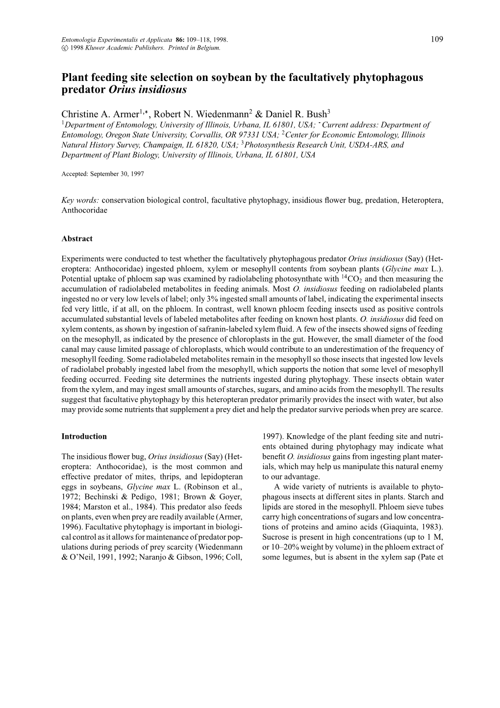 Plant Feeding Site Selection on Soybean by the Facultatively Phytophagous