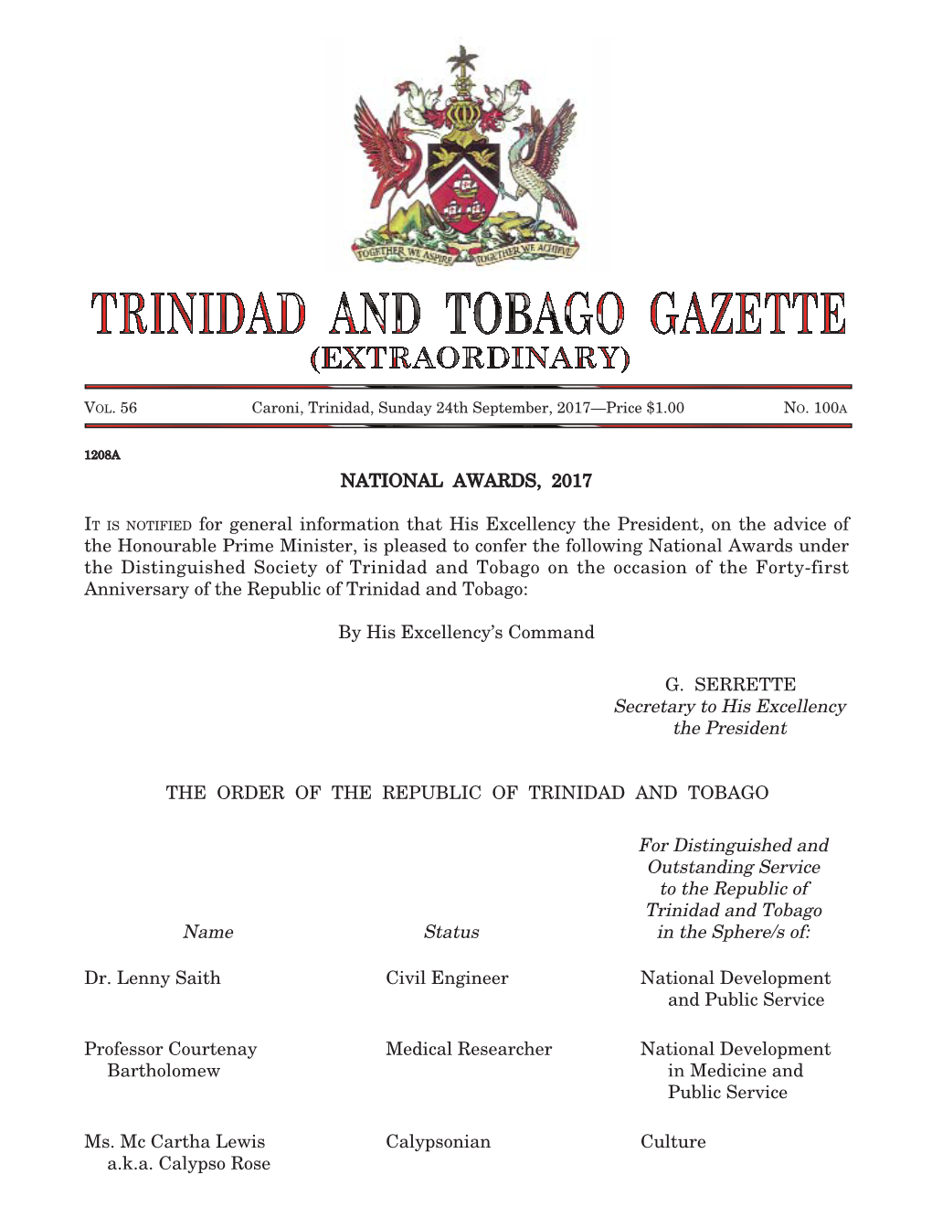 Gazette No. 100A, Vol. 56, 24Th September, 2017