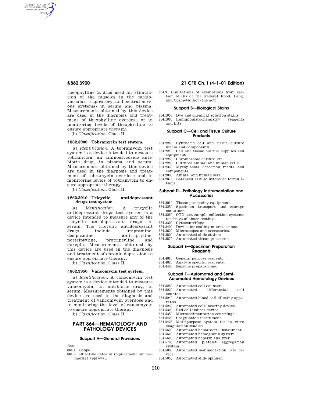 210 Part 864—Hematology and Pathology