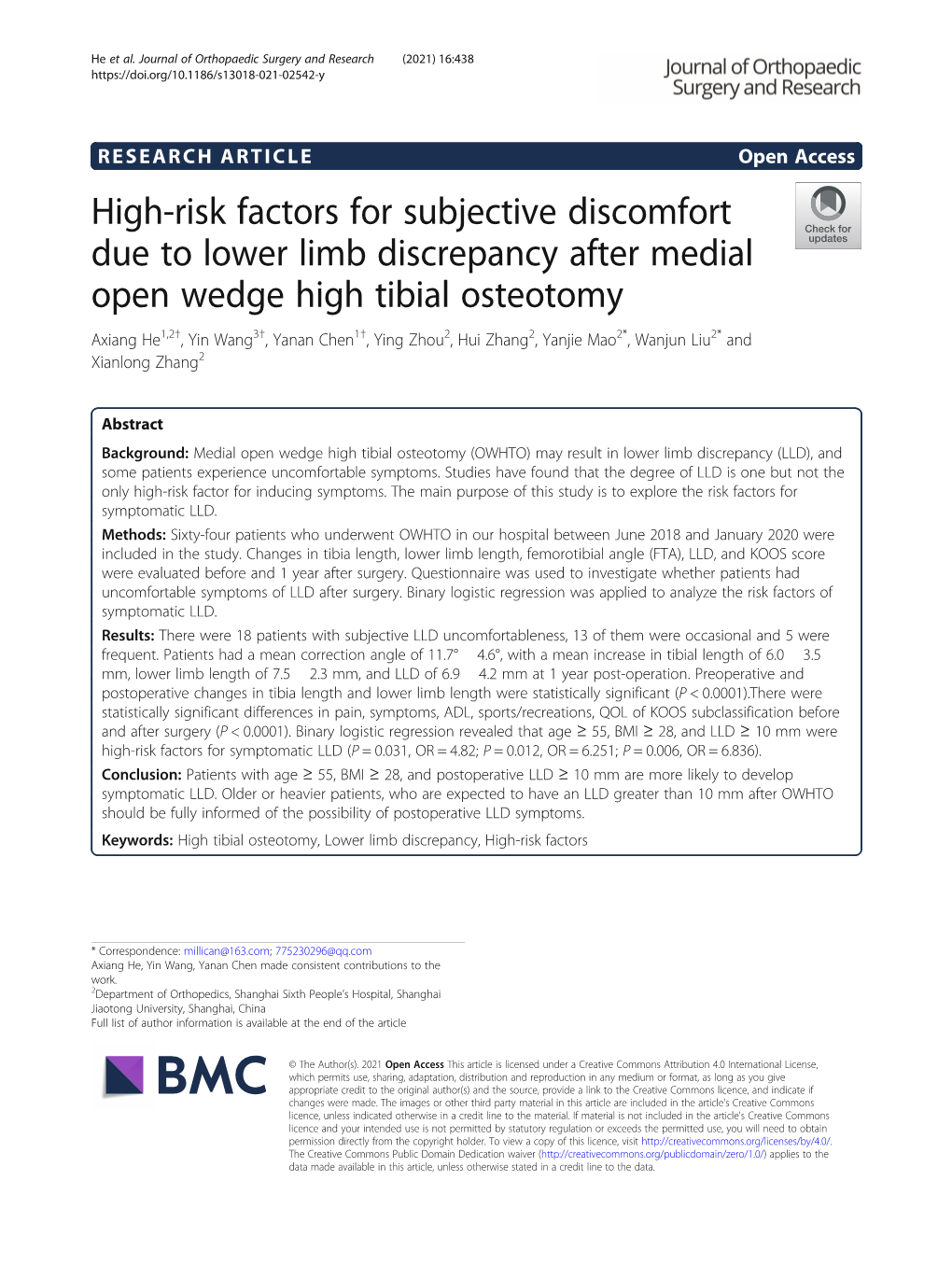 High-Risk Factors for Subjective Discomfort Due to Lower Limb