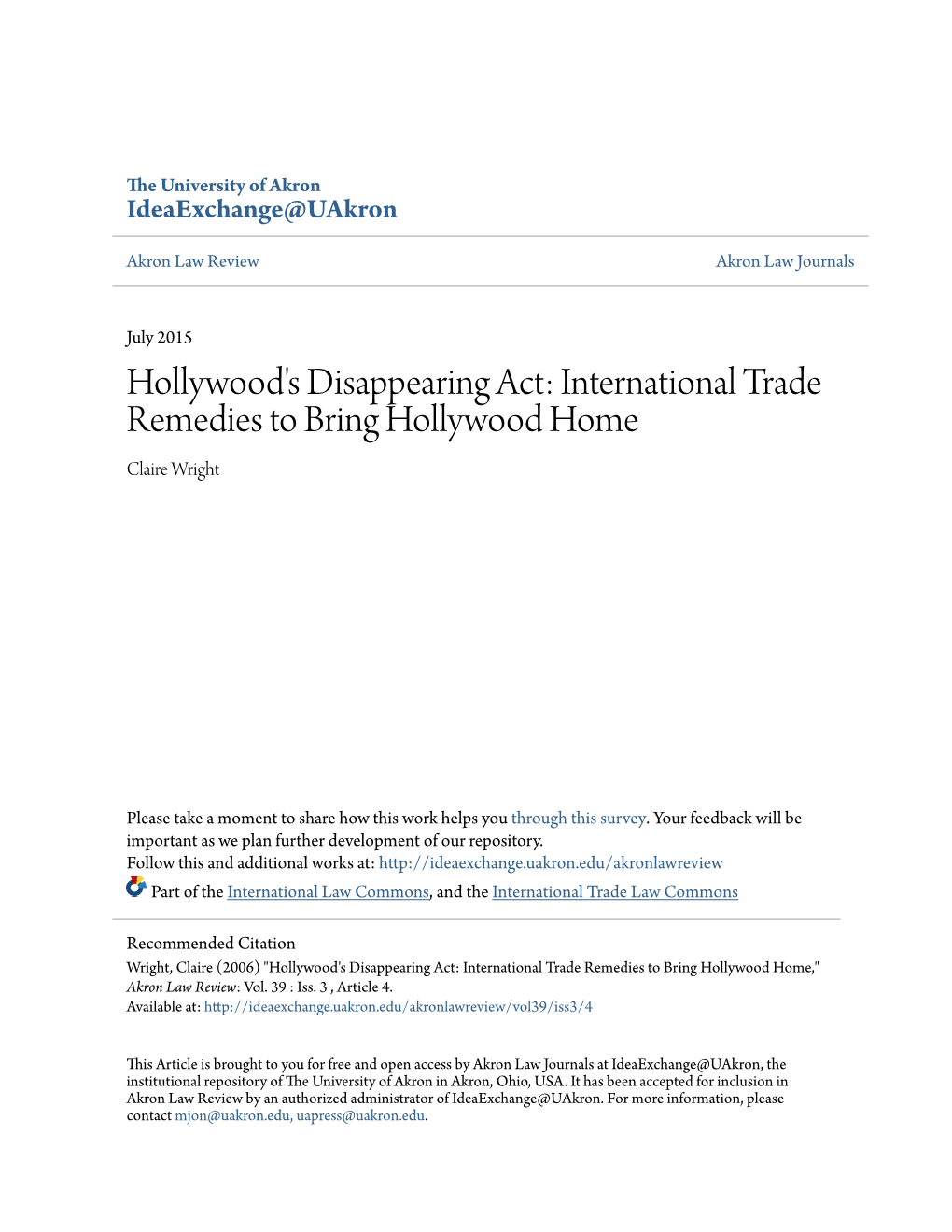 International Trade Remedies to Bring Hollywood Home Claire Wright