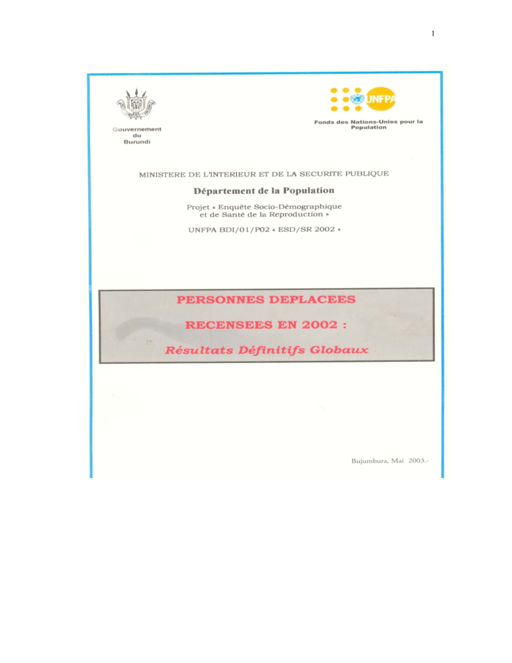 Personnes Déplacés Recencées En 2002: Résultats Définitif Globaux