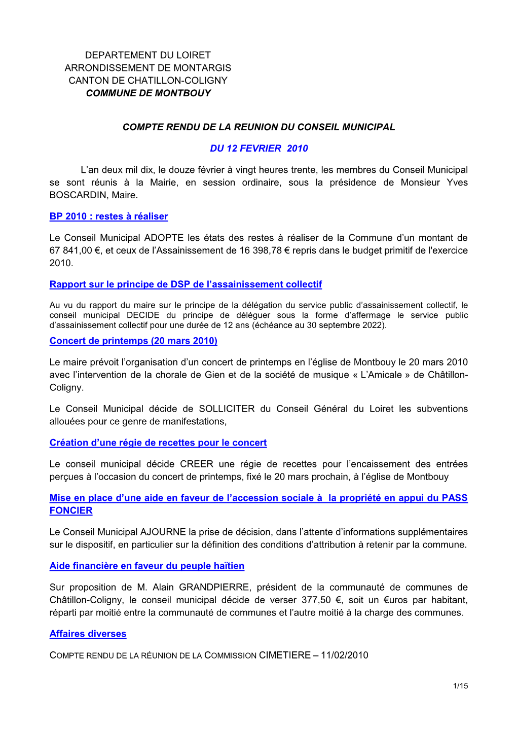 Departement Du Loiret Arrondissement De Montargis Canton De Chatillon-Coligny Commune De Montbouy