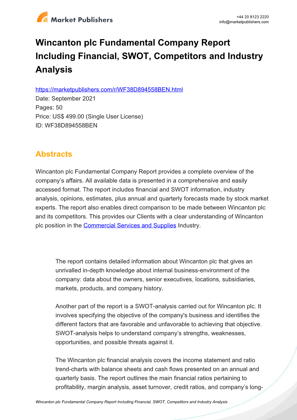 Wincanton Plc Fundamental Company Report