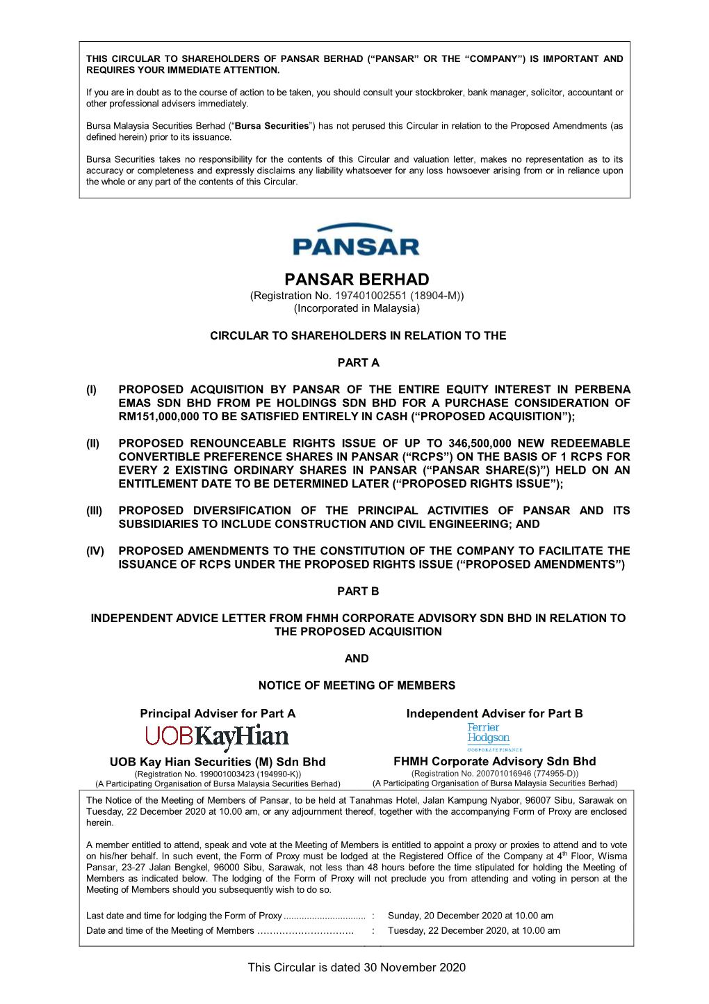 Circular to Shareholders Dated