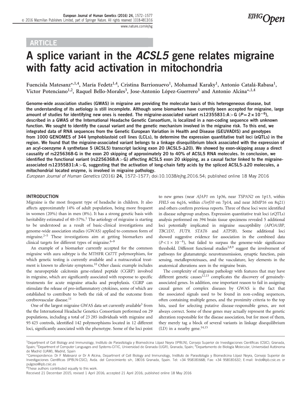 A Splice Variant in the ACSL5 Gene Relates Migraine with Fatty Acid Activation in Mitochondria