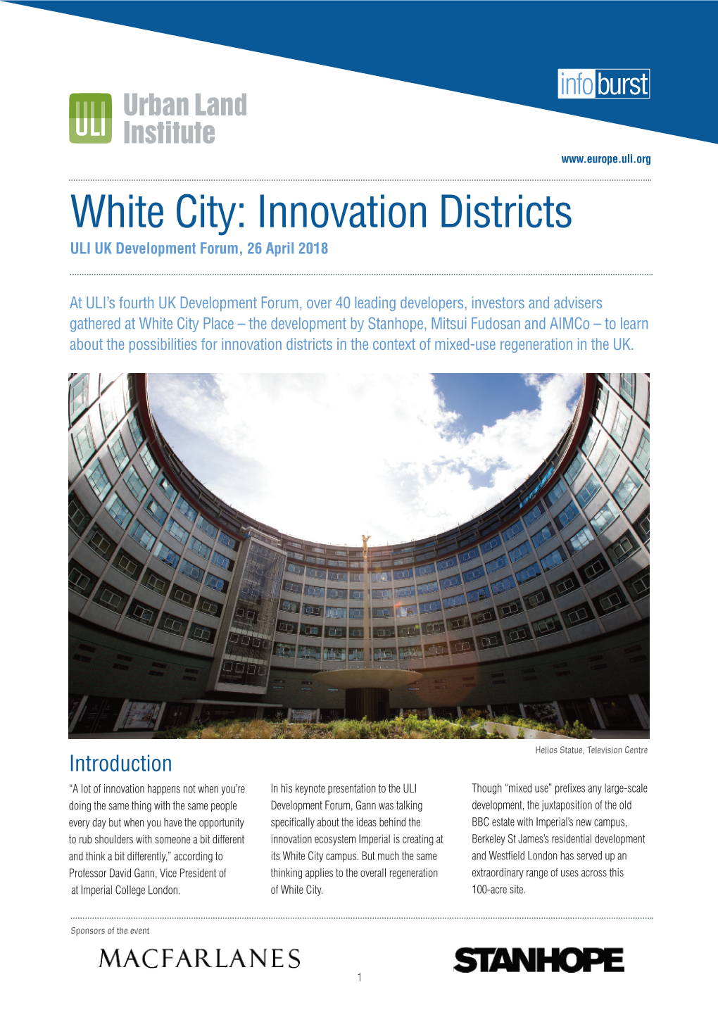 White City: Innovation Districts ULI UK Development Forum, 26 April 2018