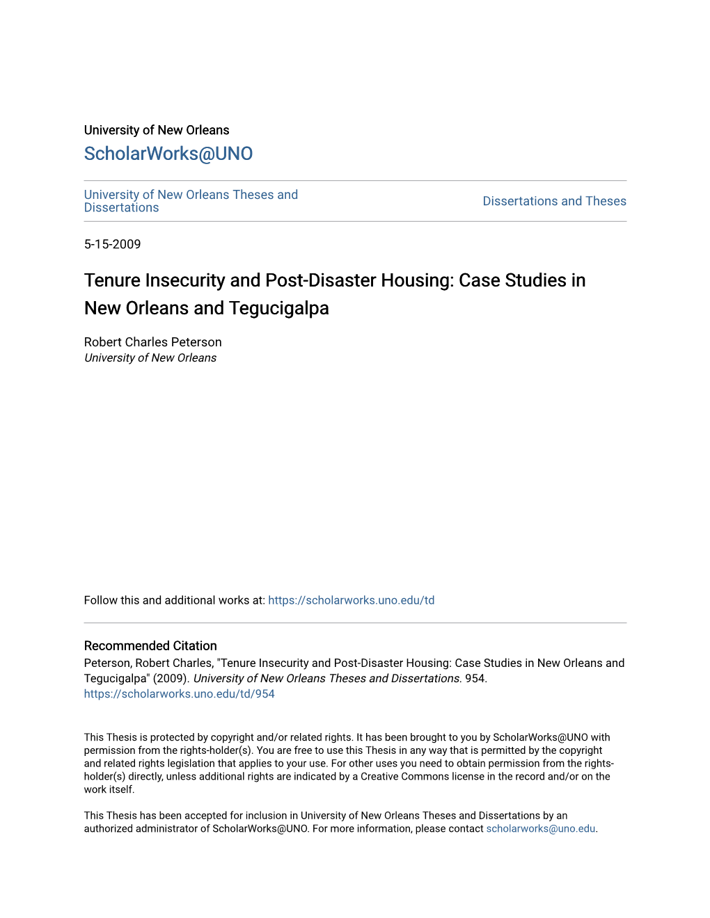 Tenure Insecurity and Post-Disaster Housing: Case Studies in New Orleans and Tegucigalpa