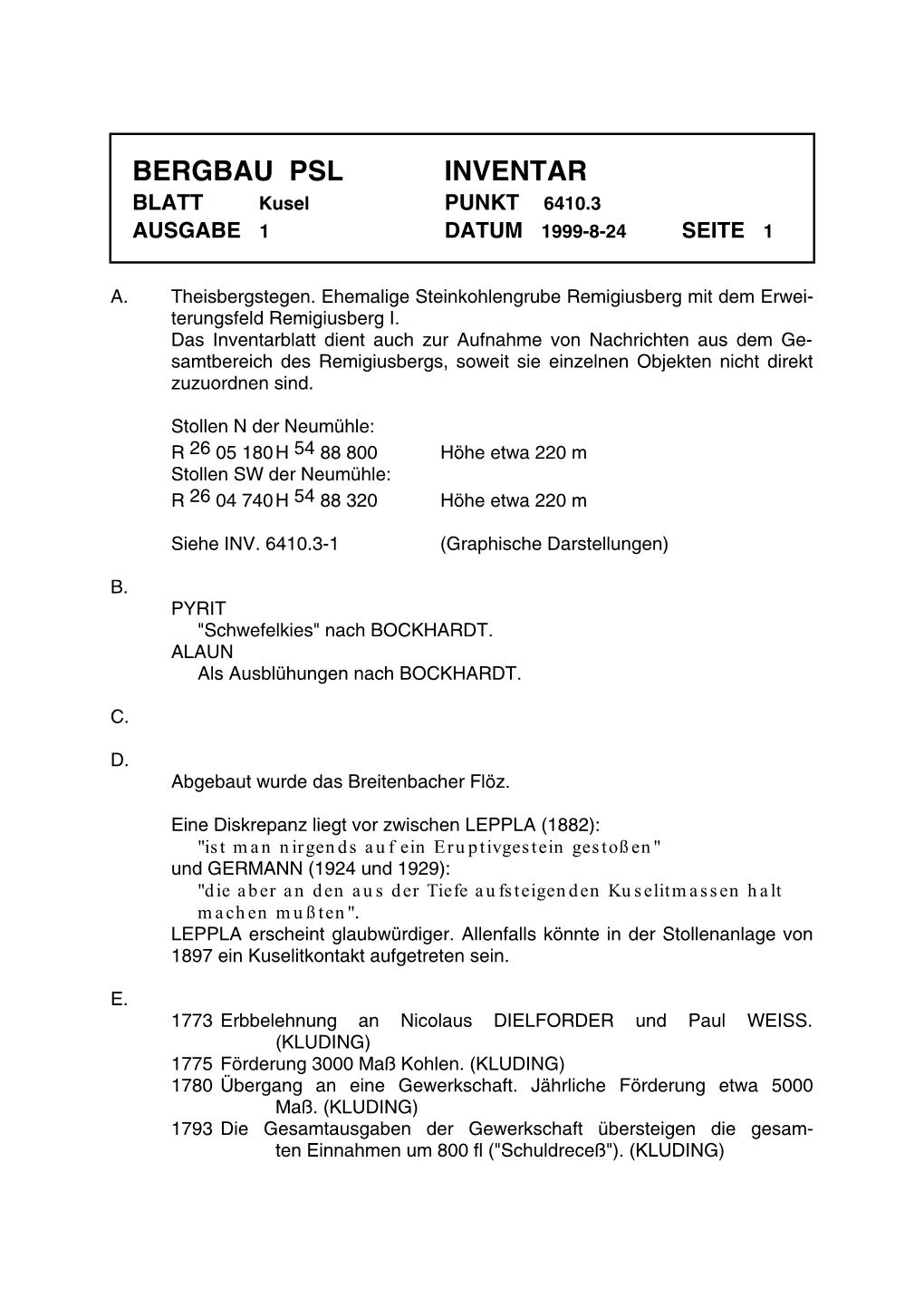 BERGBAU PSL INVENTAR BLATT Kusel PUNKT 6410.3 AUSGABE 1 DATUM 1999-8-24 SEITE 1