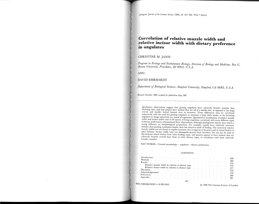 Correlation of Relative Liluzzle Width and Relative Incisor Width with Dietary Preference in Ungulates