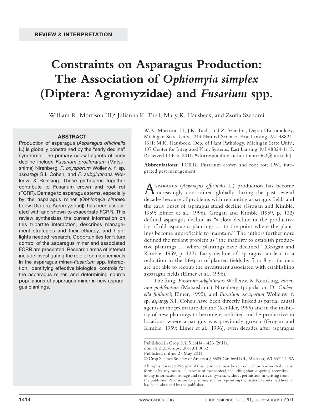 (Diptera: Agromyzidae) and Fusarium Spp