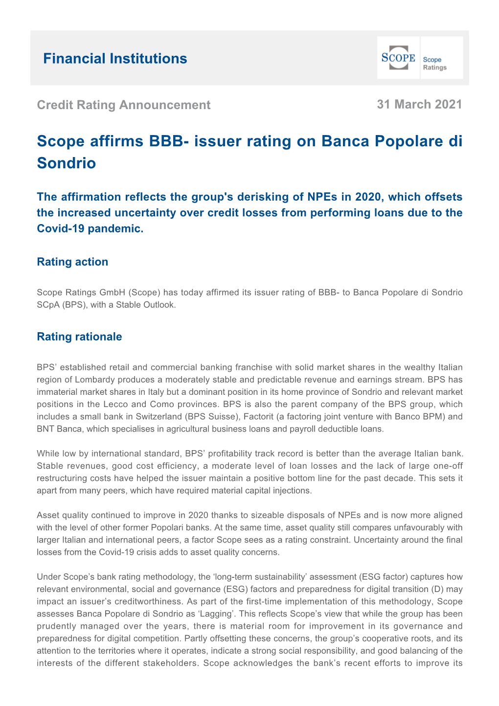 Scope Affirms BBB- Issuer Rating on Banca Popolare Di Sondrio