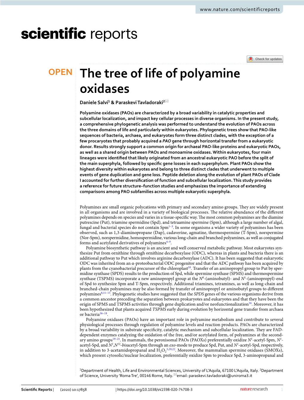 The Tree of Life of Polyamine Oxidases Daniele Salvi1 & Paraskevi Tavladoraki2*