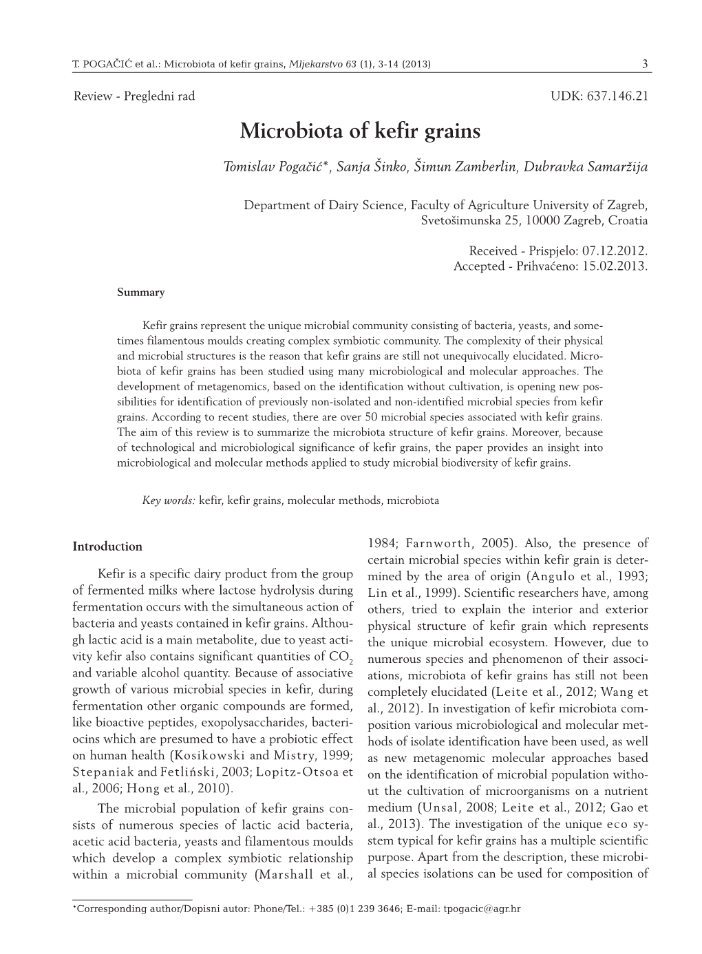 Microbiota of Kefir Grains, Mljekarstvo 63 (1), 3-14 (2013) 3