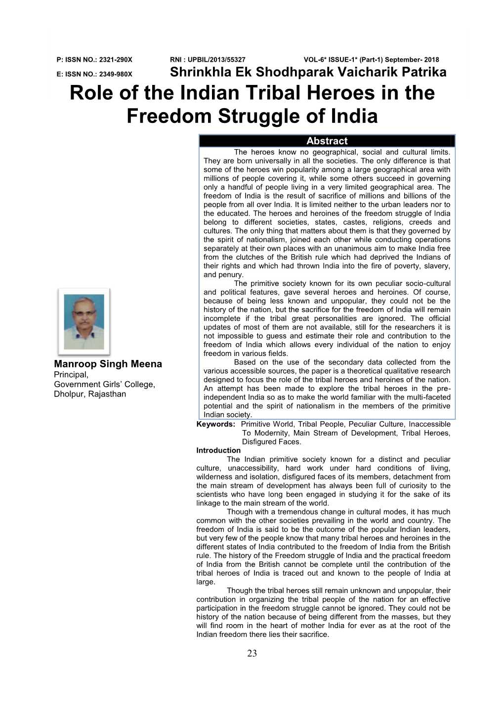 Role of the Indian Tribal Heroes in the Freedom Struggle of India Manroop