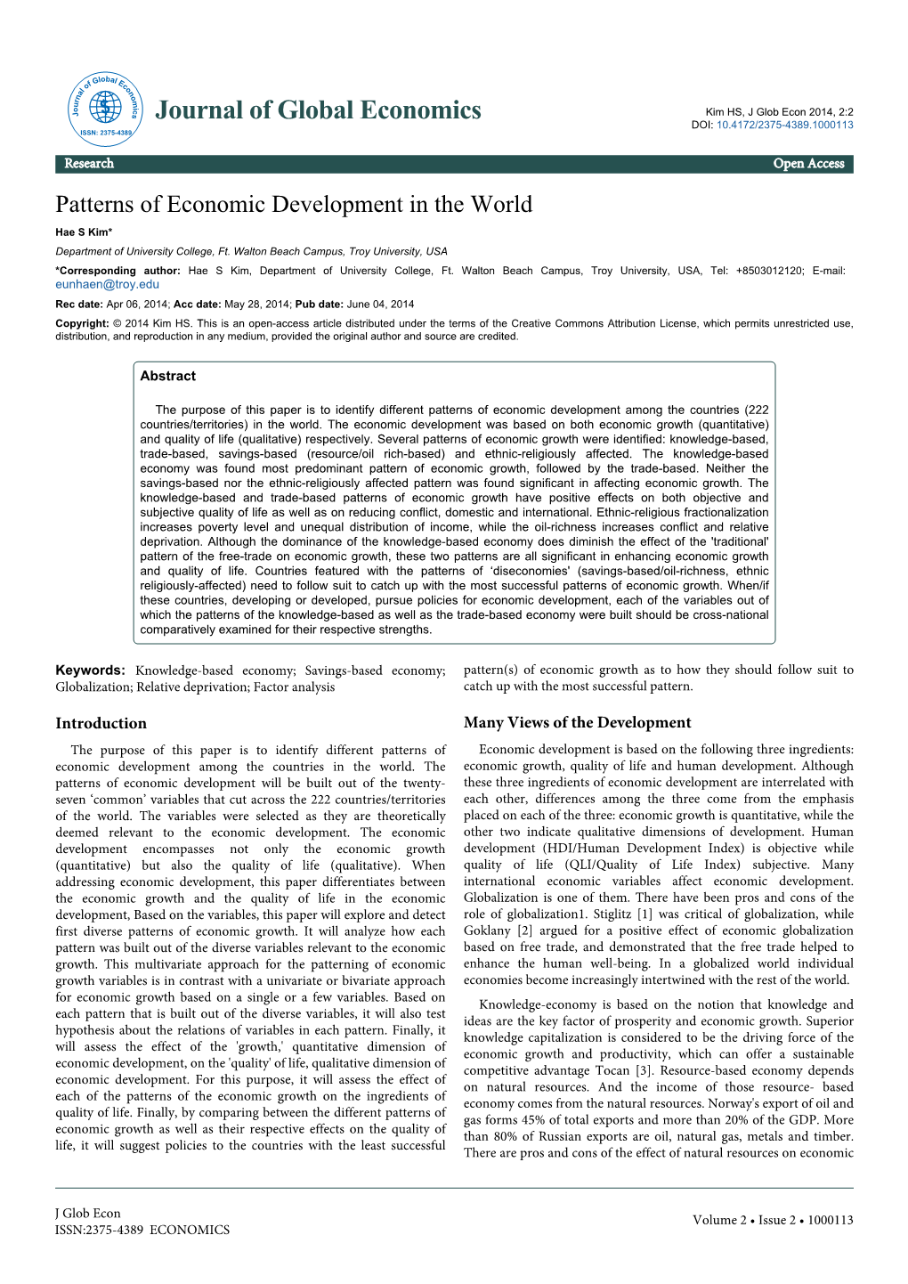 Patterns of Economic Development in the World Hae S Kim* Department of University College, Ft