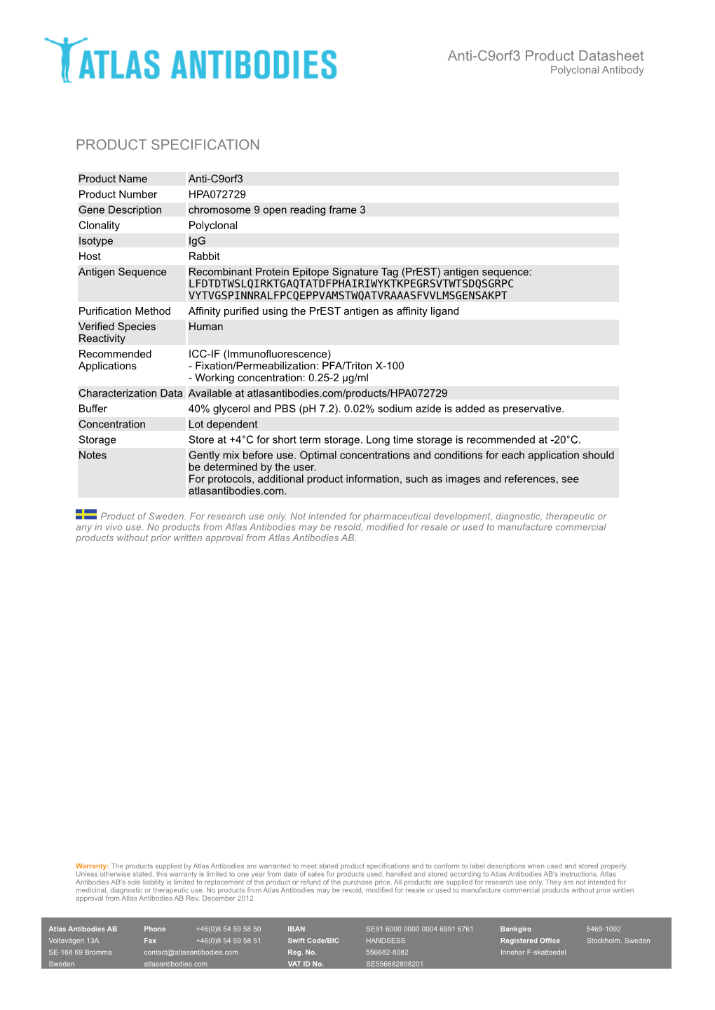 PRODUCT SPECIFICATION Anti-C9orf3 Product Datasheet