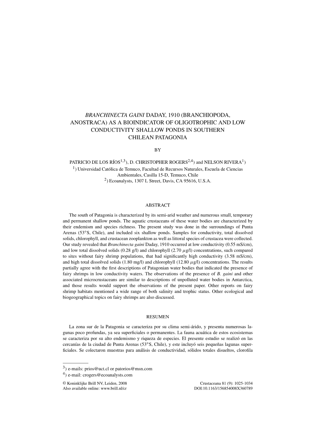 Branchinecta Gaini Daday, 1910 (Branchiopoda, Anostraca) As a Bioindicator of Oligotrophic and Low Conductivity Shallow Ponds in Southern Chilean Patagonia