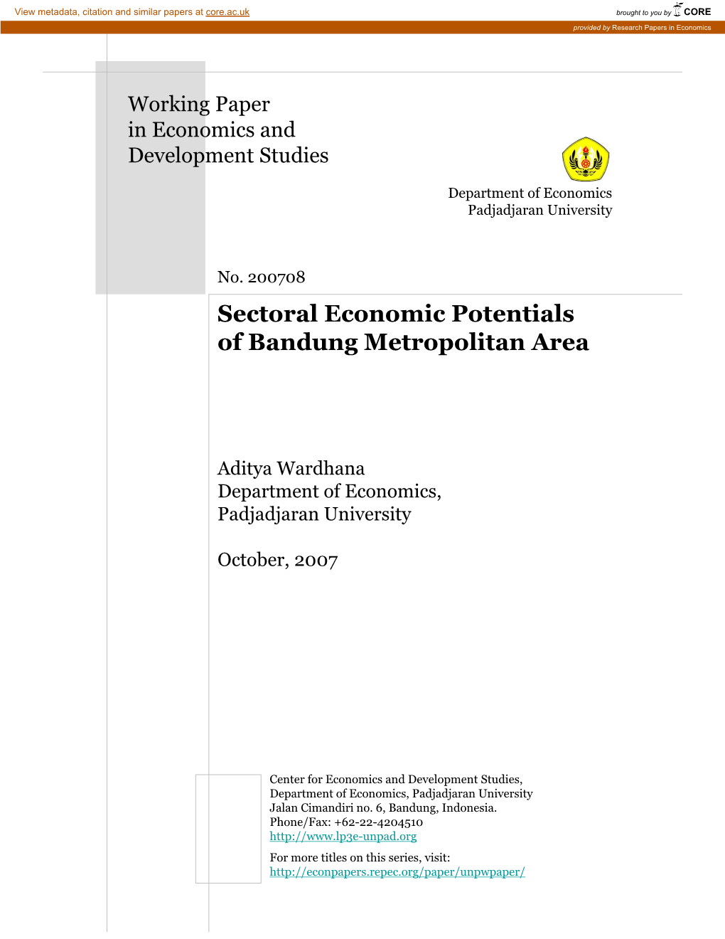 Sectoral Economic Potentials of Bandung Metropolitan Area