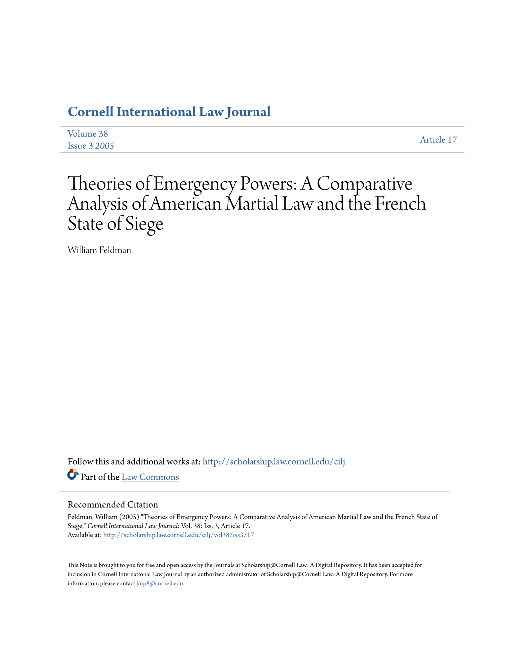 A Comparative Analysis of American Martial Law and the French State of Siege William Feldman