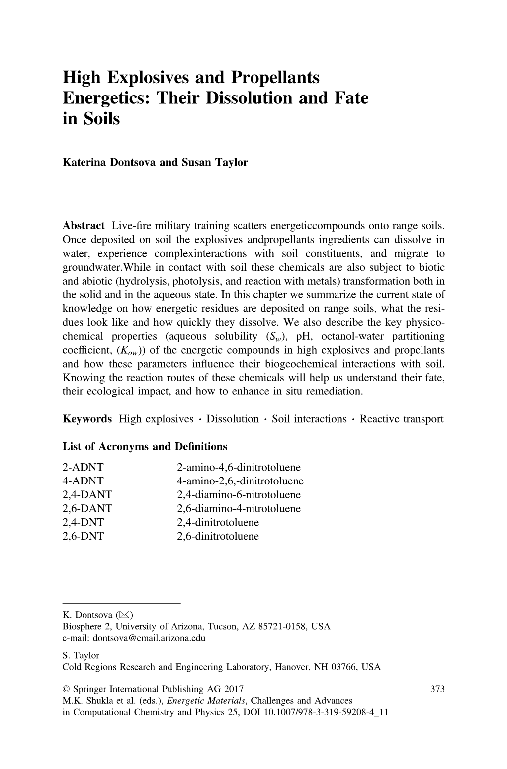 High Explosives and Propellants Energetics: Their Dissolution and Fate in Soils